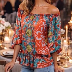 Hale Bob 100% Silk Floral Off Shoulder Cinch Waist Blouse S